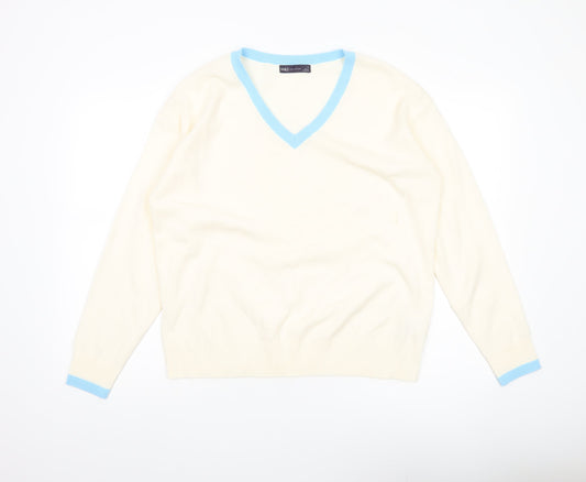 Marks and Spencer Women Ivory Blue V-Neck Acrylic Jumper Size 14