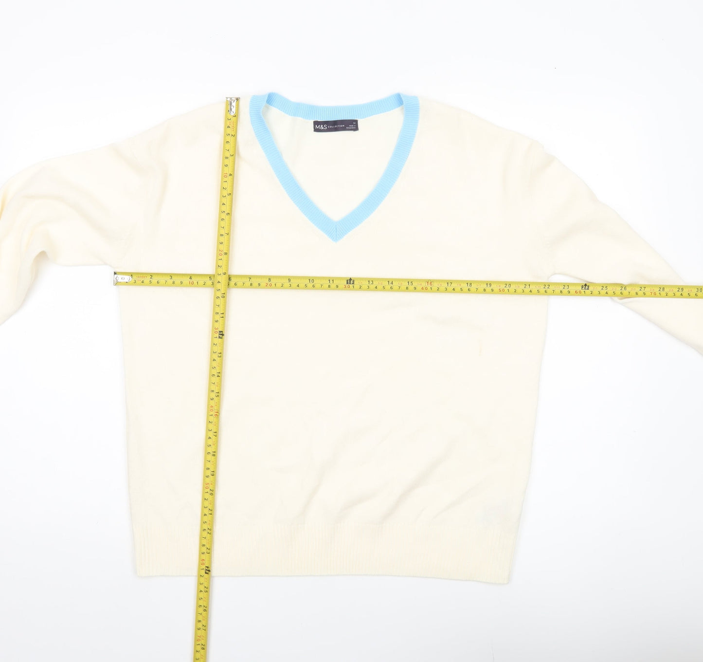Marks and Spencer Women Ivory Blue V-Neck Acrylic Jumper Size 14