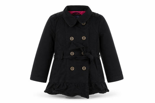 Front view of GapKids girls’ black xs trench coat cotton belted double-breasted