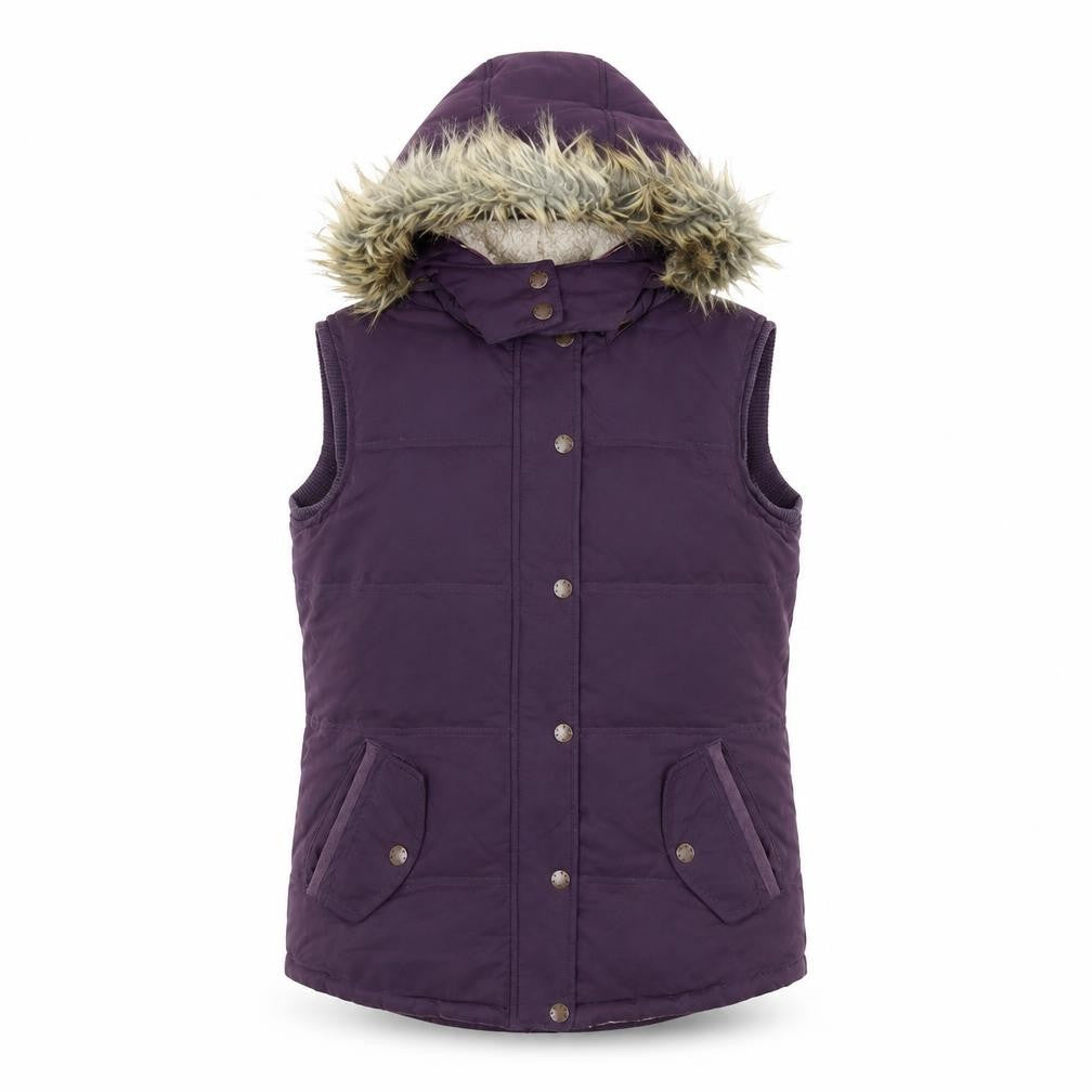 FatFace Women’s Purple Fur Trim Hooded Puffer Waistcoat Size 10