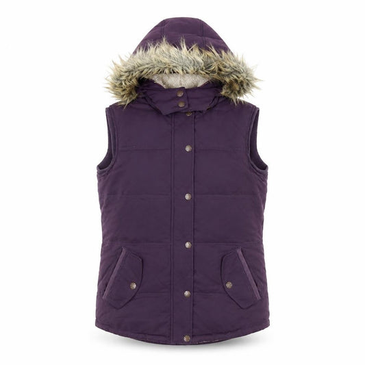 FatFace Women’s Purple Fur Trim Hooded Puffer Waistcoat Size 10
