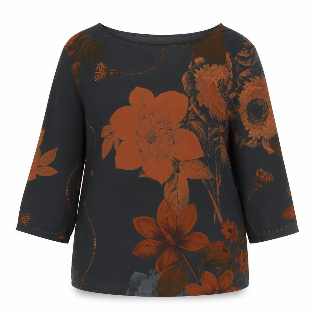 Next Womens Black Brown Floral Blouse Size 14 Boat Neck 3/4 Sleeve