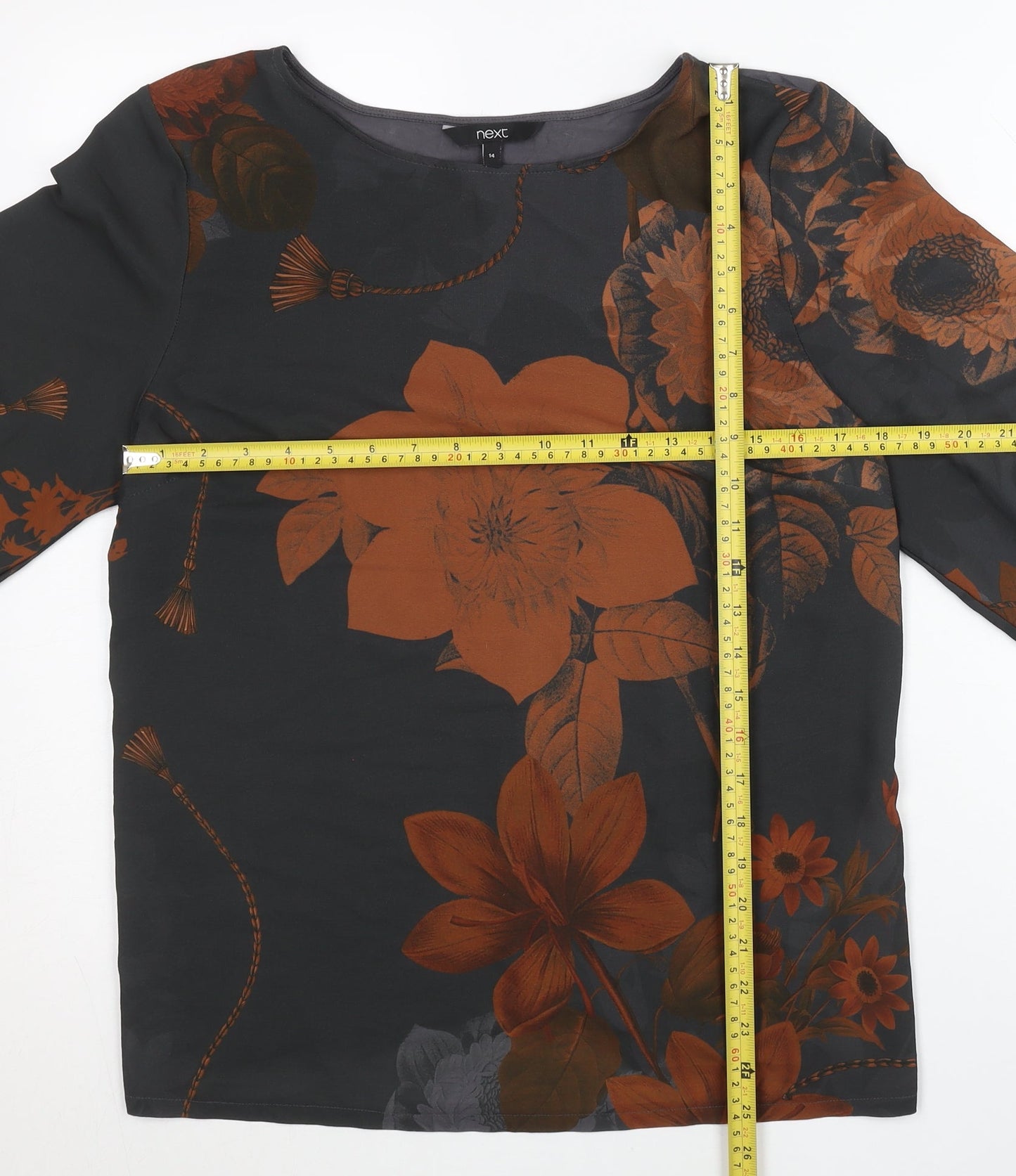 Next Womens Black Brown Floral Blouse Size 14 Boat Neck 3/4 Sleeve