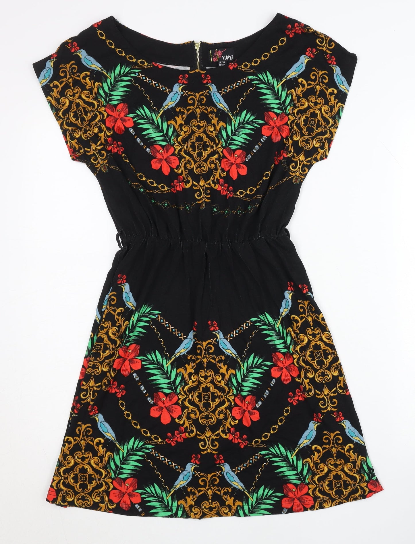 Yumi Women’s Black Floral Tropical A-Line Dress UK 10