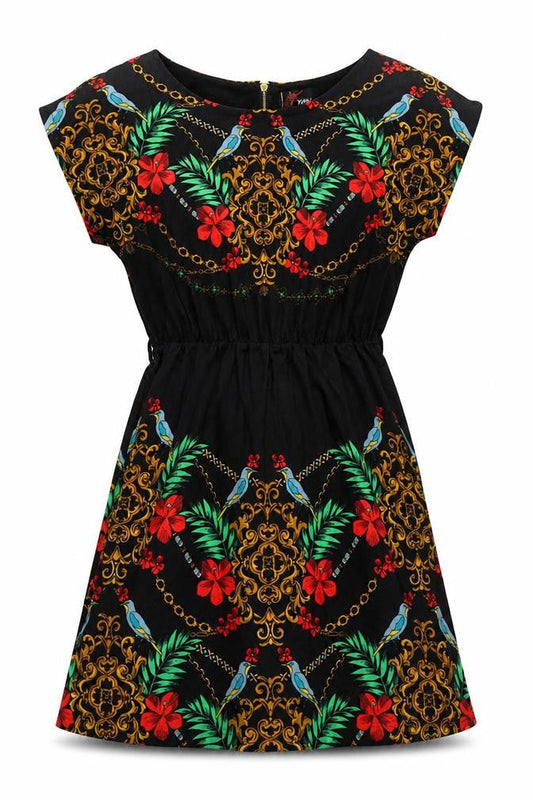 Yumi Women’s Black Floral Tropical A-Line Dress UK 10