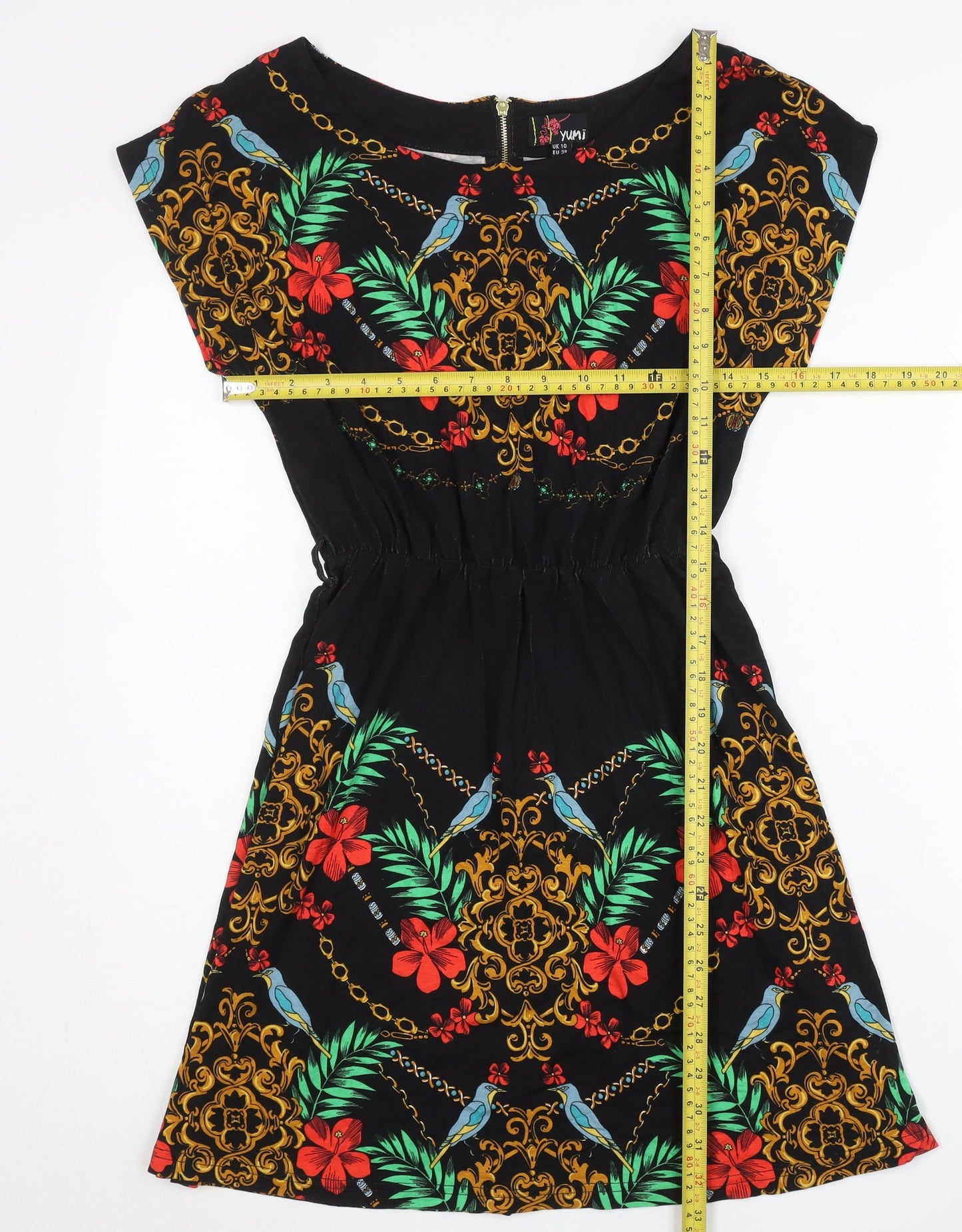 Yumi Women’s Black Floral Tropical A-Line Dress UK 10