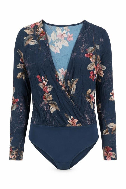 Zara Women Blue Floral Viscose Bodysuit Size 6 Long Sleeve V-Neck