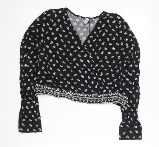 H&M Womens Black Paisley Wrap Blouse Size 14 Long Sleeve Casual