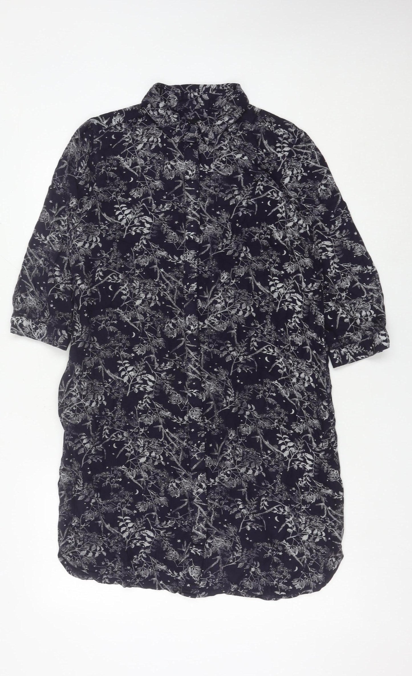 Next Womens Black Floral Shirt Dress Size 10 Collared 3/4 Sleeve