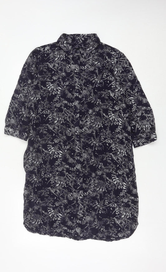 Next Womens Black Floral Shirt Dress Size 10 Collared 3/4 Sleeve