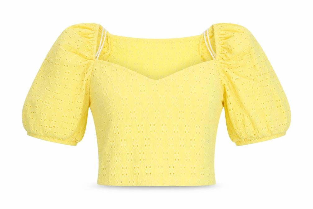 H&M Divided Women Yellow Cropped Puff Sleeve Blouse UK 14