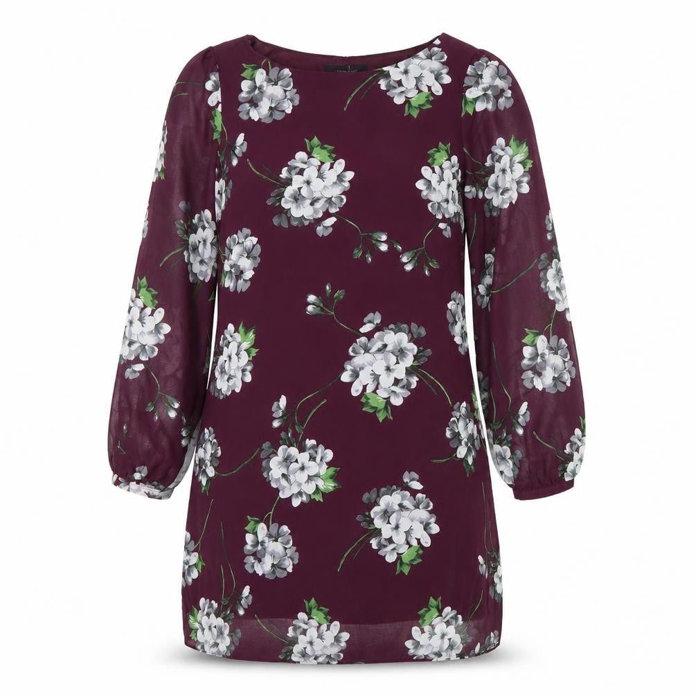 Front view of Atmosphere Women Purple Floral Shift Dress, size 12, Long Sleeve