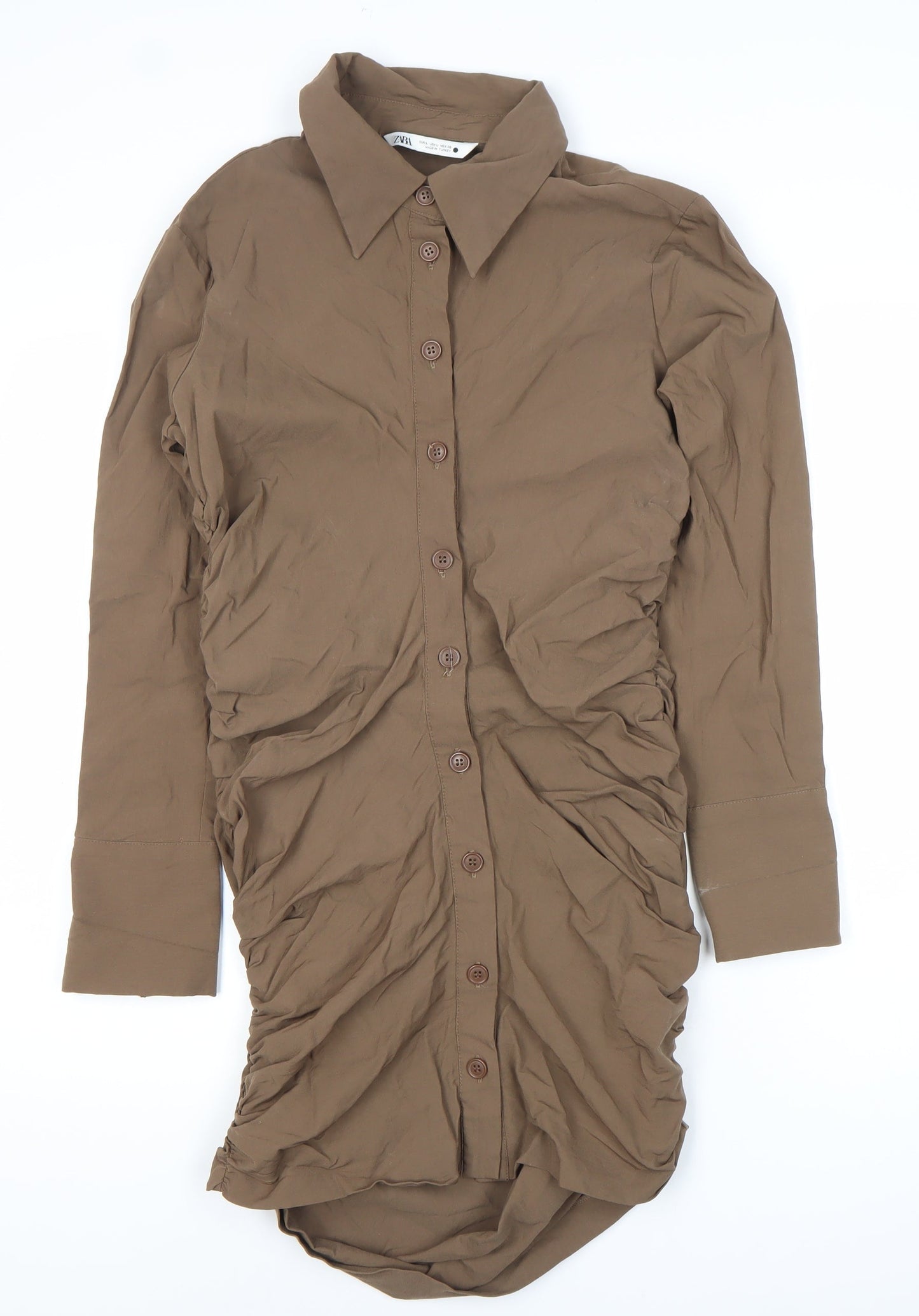 Zara Women Brown Shirt Dress Size 12 Collared Ruched Long Sleeve
