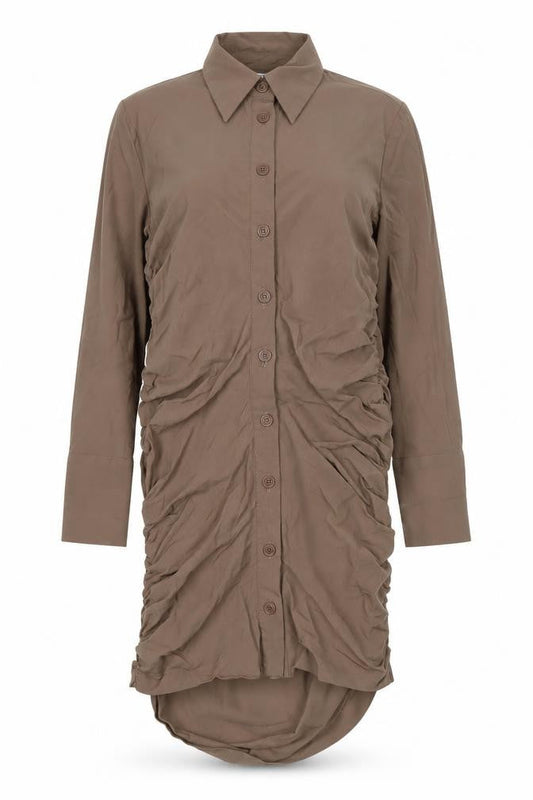 Zara Women Brown Shirt Dress Size 12 Collared Ruched Long Sleeve