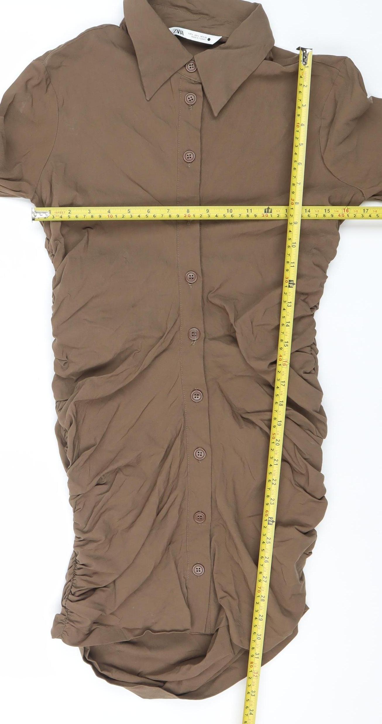Zara Women Brown Shirt Dress Size 12 Collared Ruched Long Sleeve