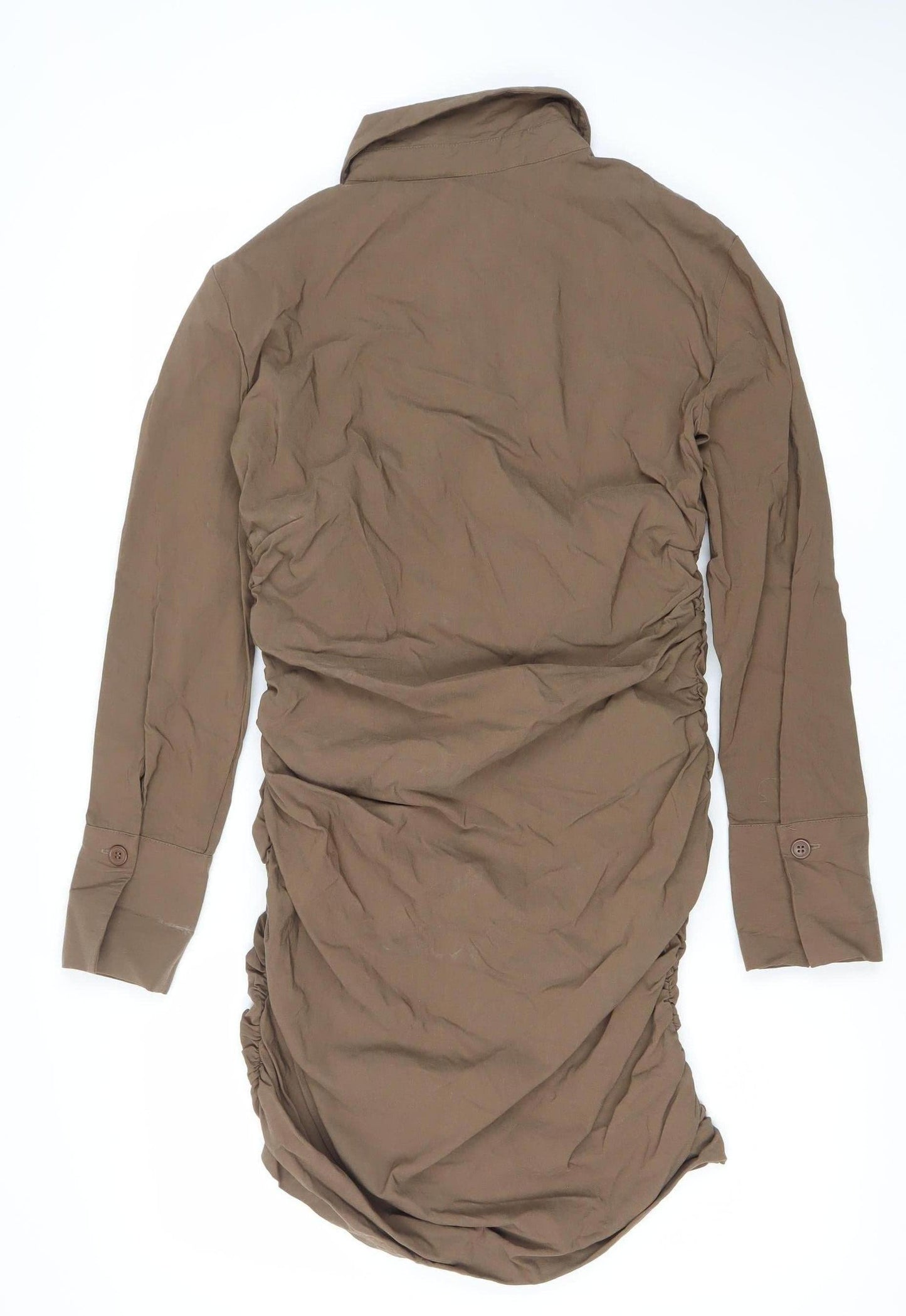 Zara Women Brown Shirt Dress Size 12 Collared Ruched Long Sleeve