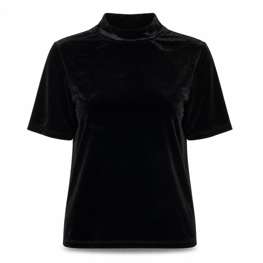Monki Women’s Black Velvet Mock Neck Slim Fit T-Shirt XS