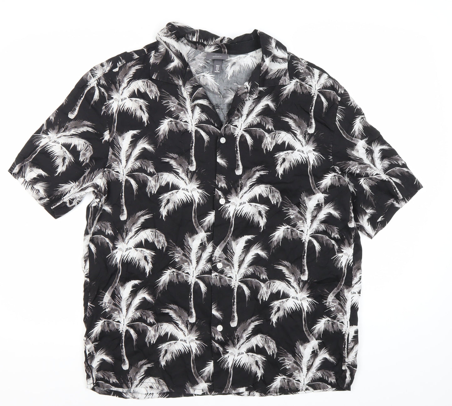 H&M Men’s Black Tropical Palm Print Short Sleeve Button-Up Shirt M