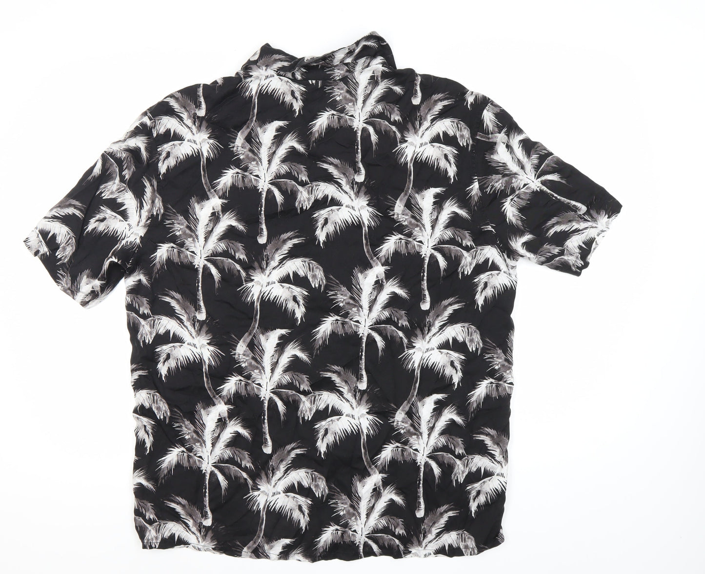 H&M Men’s Black Tropical Palm Print Short Sleeve Button-Up Shirt M