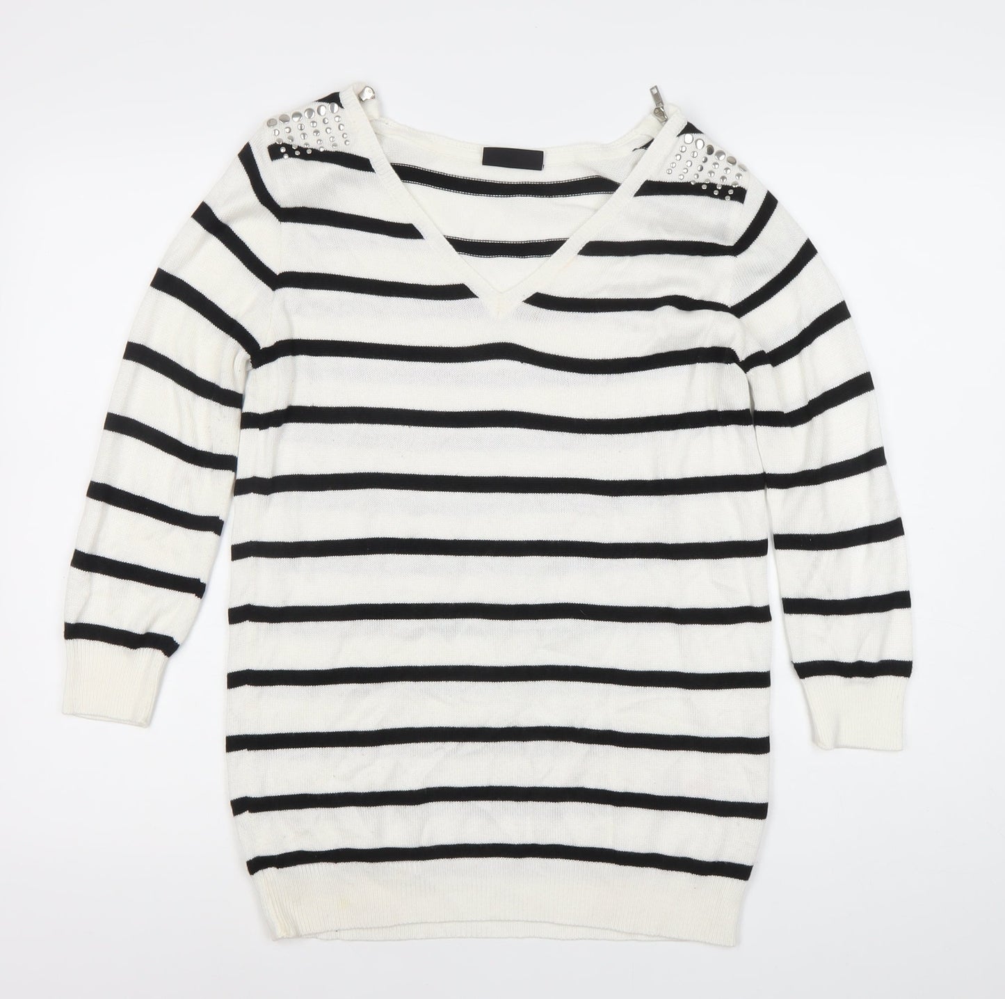 Wallis Women’s White Black Striped V-Neck Jumper S Studded 3/4 Sleeve