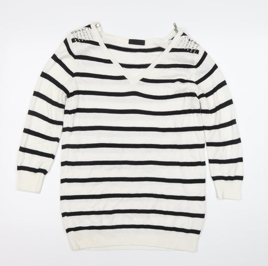 Wallis Women’s White Black Striped V-Neck Jumper S Studded 3/4 Sleeve
