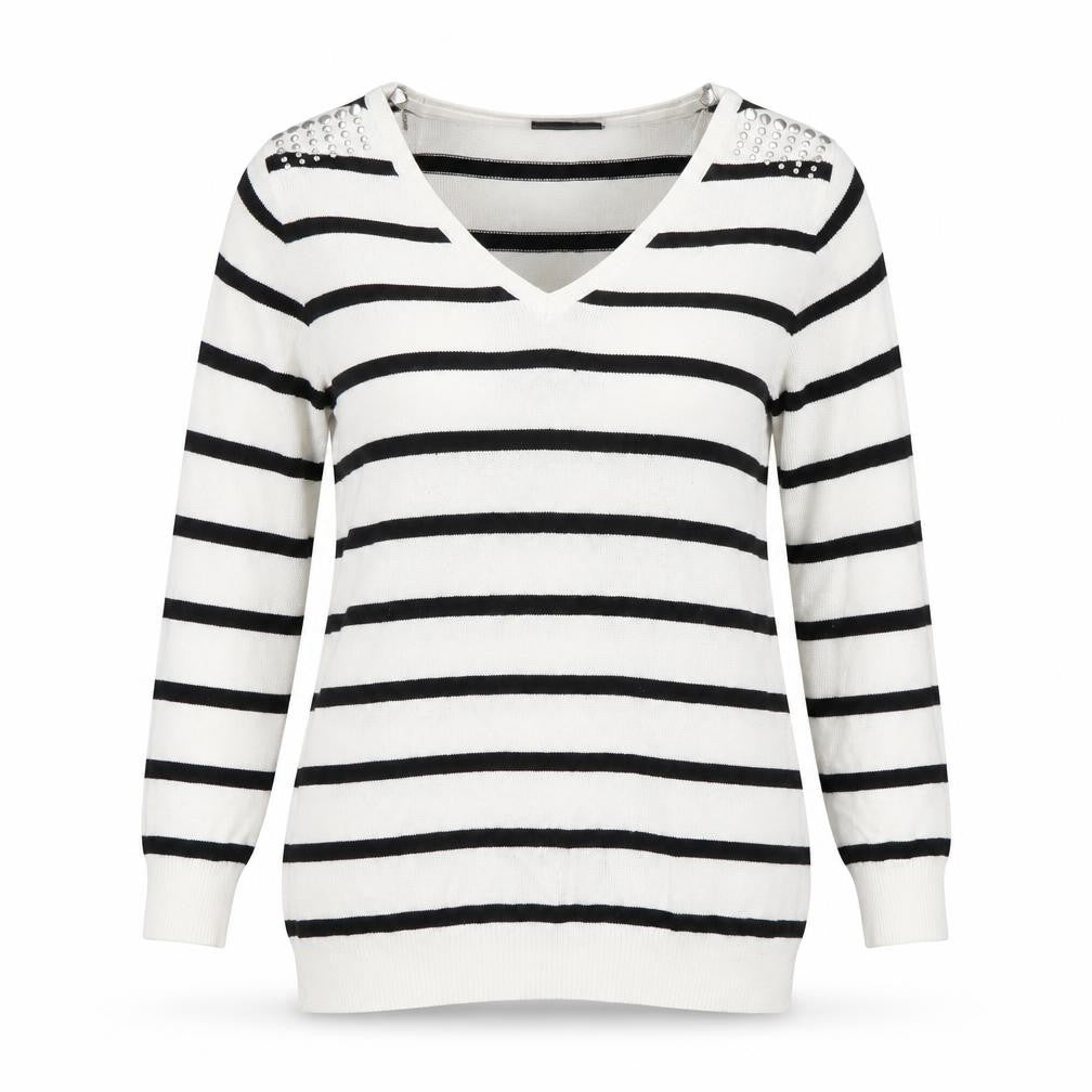 Wallis Women’s White Black Striped V-Neck Jumper S Studded 3/4 Sleeve