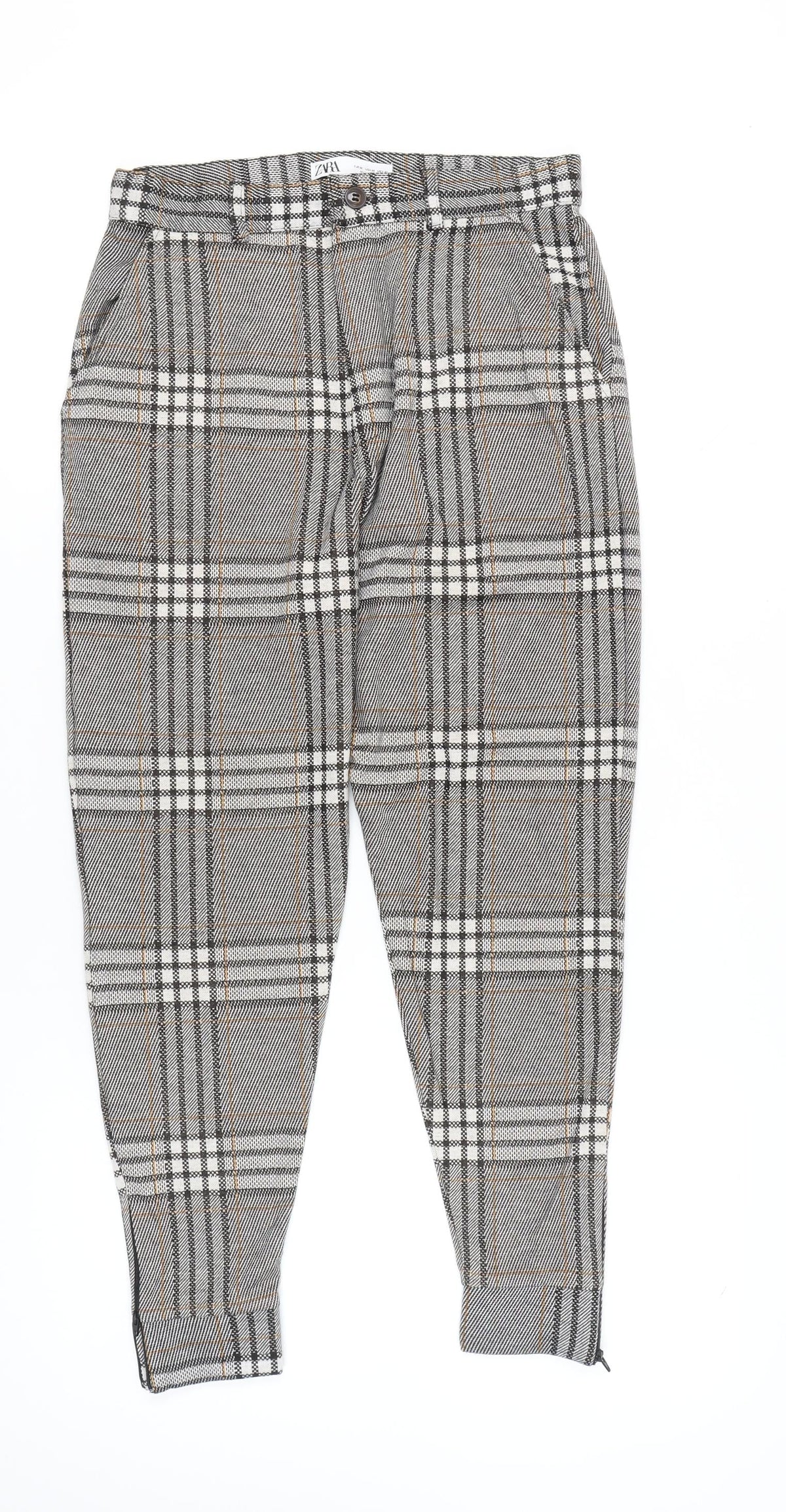 Zara Women Grey Tartan Plaid Slim Tapered Trousers Size M