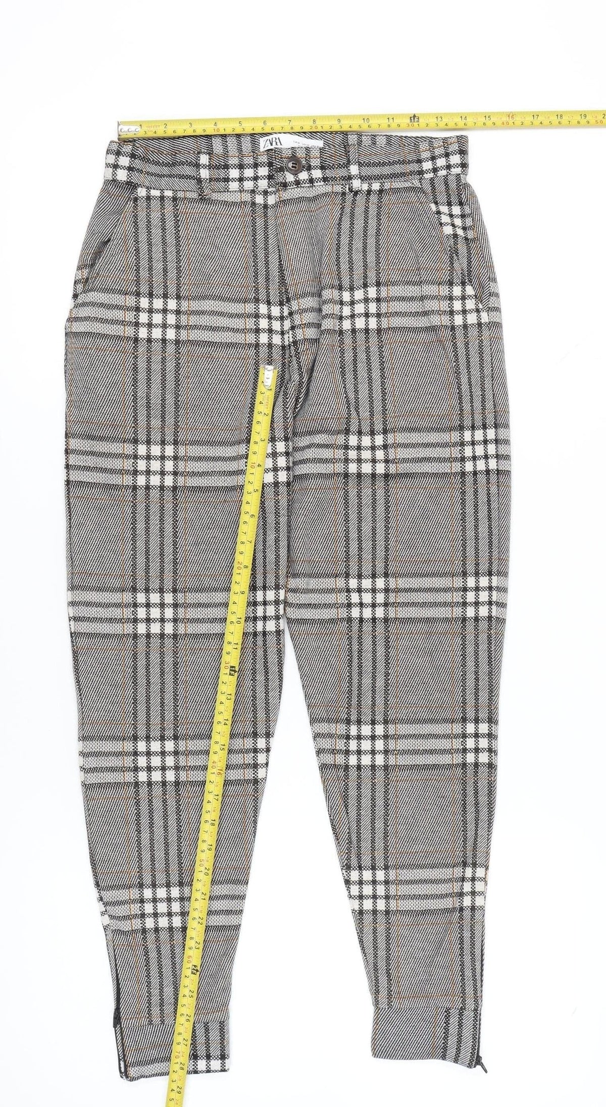 Zara Women Grey Tartan Plaid Slim Tapered Trousers Size M