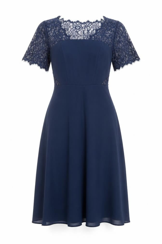 Front view of ASOS Women’s Blue Lace Midi A-Line Dress, size UK 8, Formal Party Wear