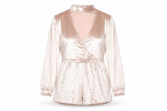 Front view of Missguided Women Pink Velvet Playsuit, size 6, Long Sleeve V-Neck