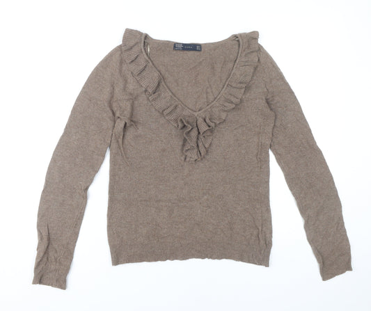 Zara Women’s Brown Angora Blend V-Neck Ruffle Jumper Size 8
