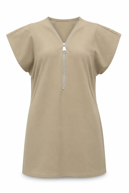 AX Paris Women’s Beige Shift Dress M Knee Length Zip V-Neck