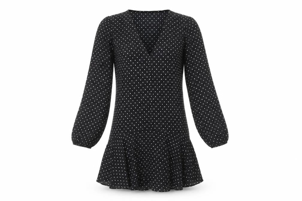 Front view of ASOS Design Women’s Black Polka Dot Shift Dress, size UK 6, Long Sleeve V-Neck