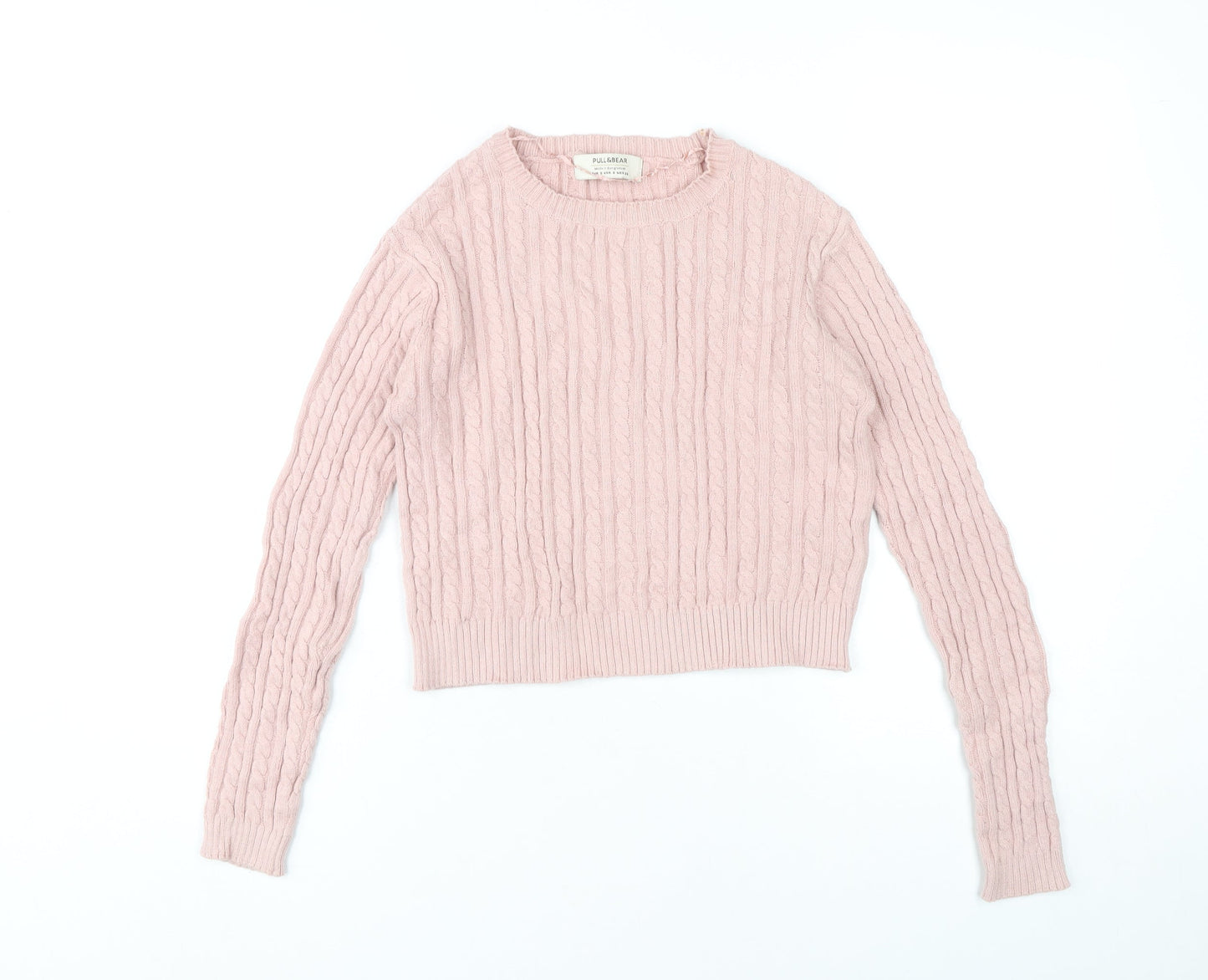Pull&Bear Womens Pink Cable-Knit Jumper Size S Crew Neck Long Sleeve