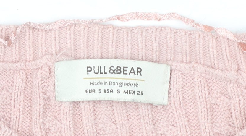 Pull&Bear Womens Pink Cable-Knit Jumper Size S Crew Neck Long Sleeve