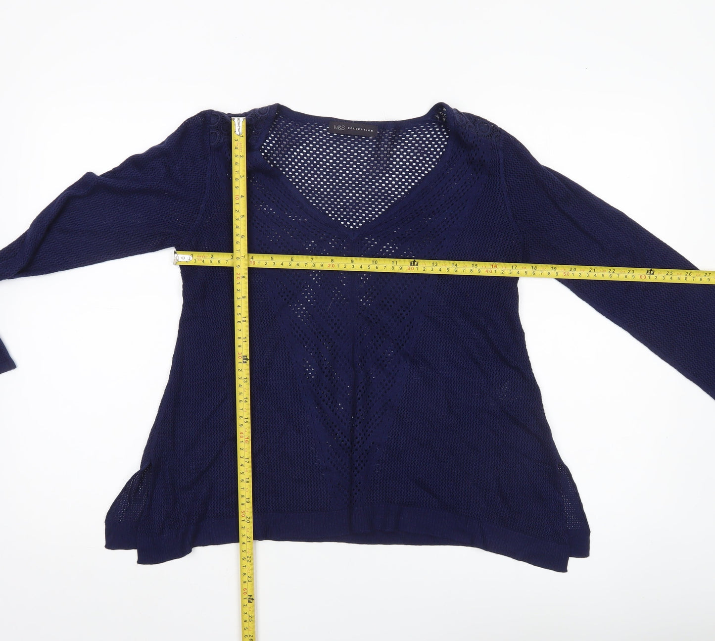 Marks and Spencer Womens Blue Size 10 V-Neck Open Knit Pullover Jumper