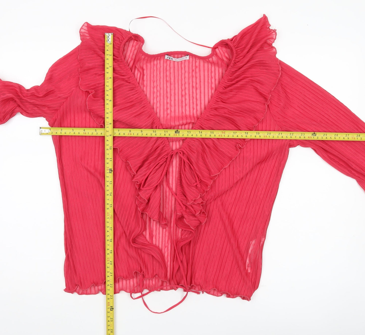 Zara Women Red Ruffle Wrap Blouse Long Sleeve Size L