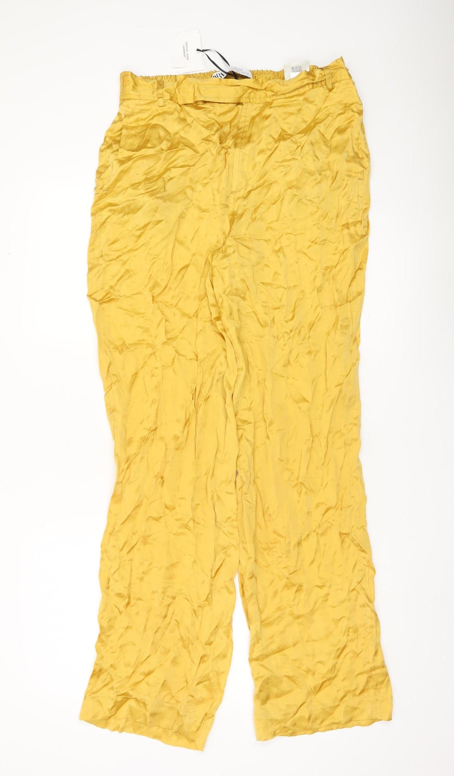 Zara Women Yellow Wide-Leg Viscose Trousers L High Rise