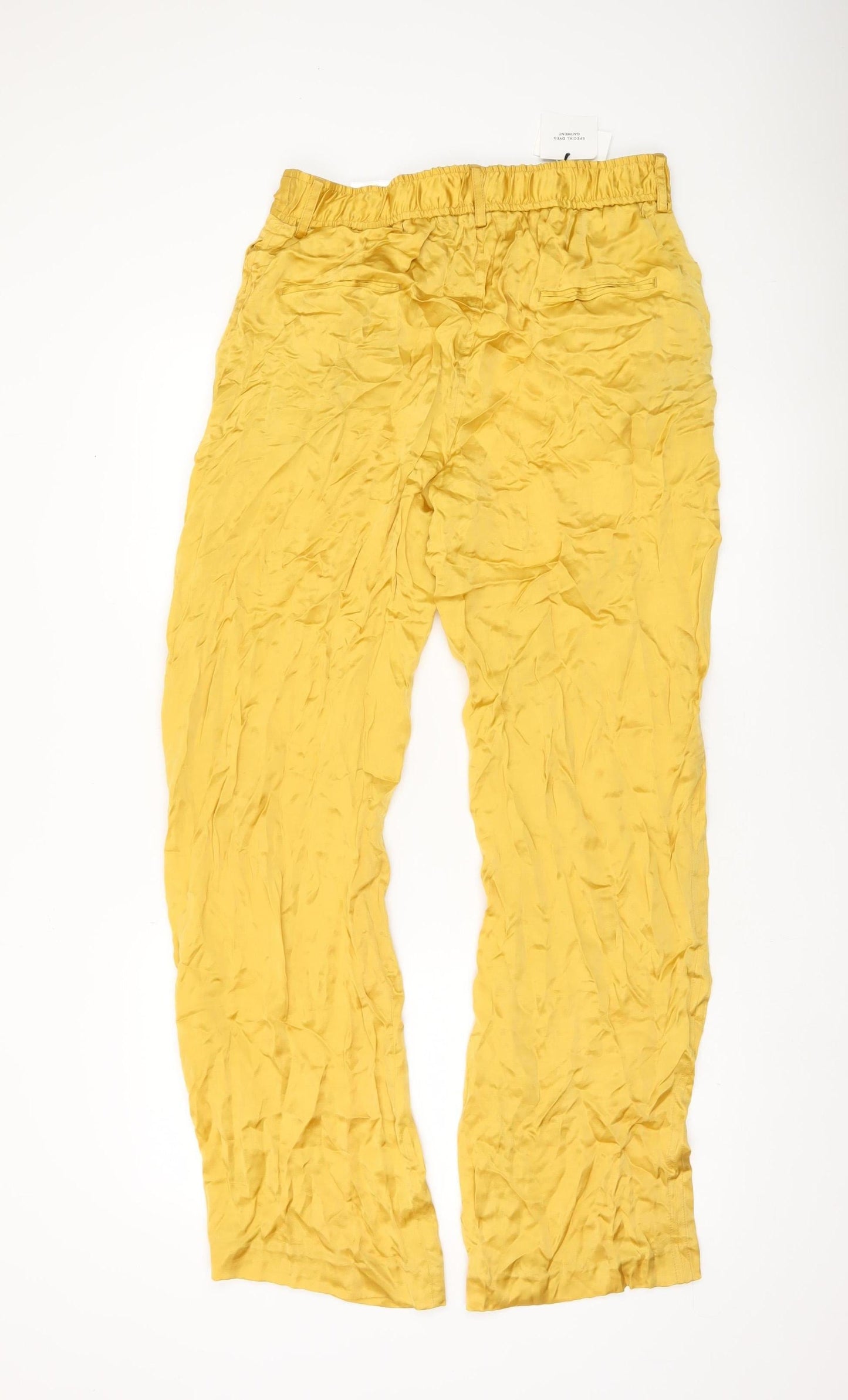 Zara Women Yellow Wide-Leg Viscose Trousers L High Rise