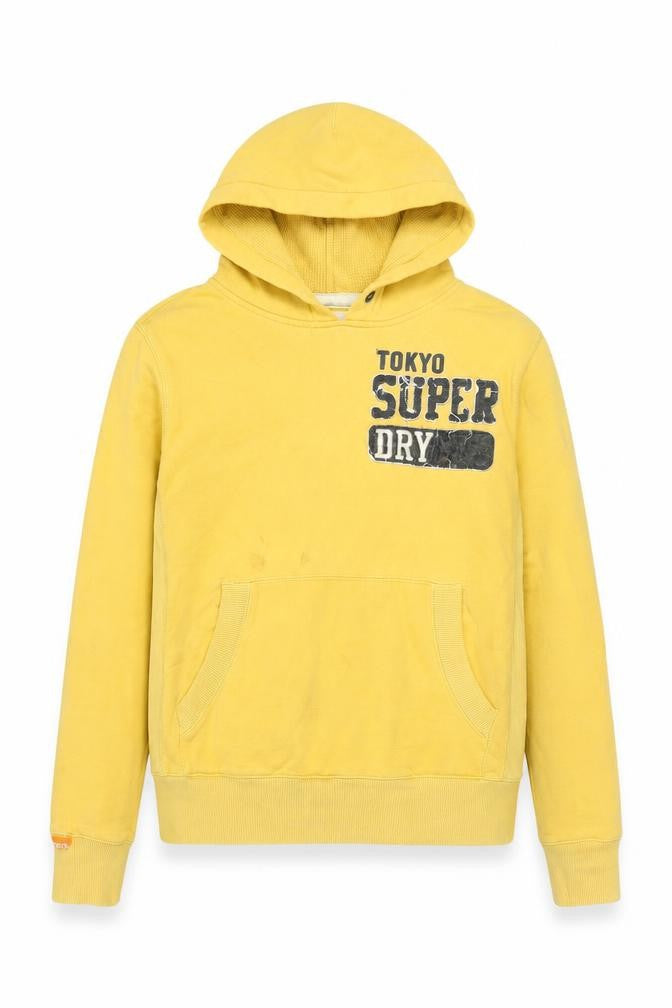 Superdry Mens Yellow Pullover Hoodie Size M Graphic Logo Sweatshirt