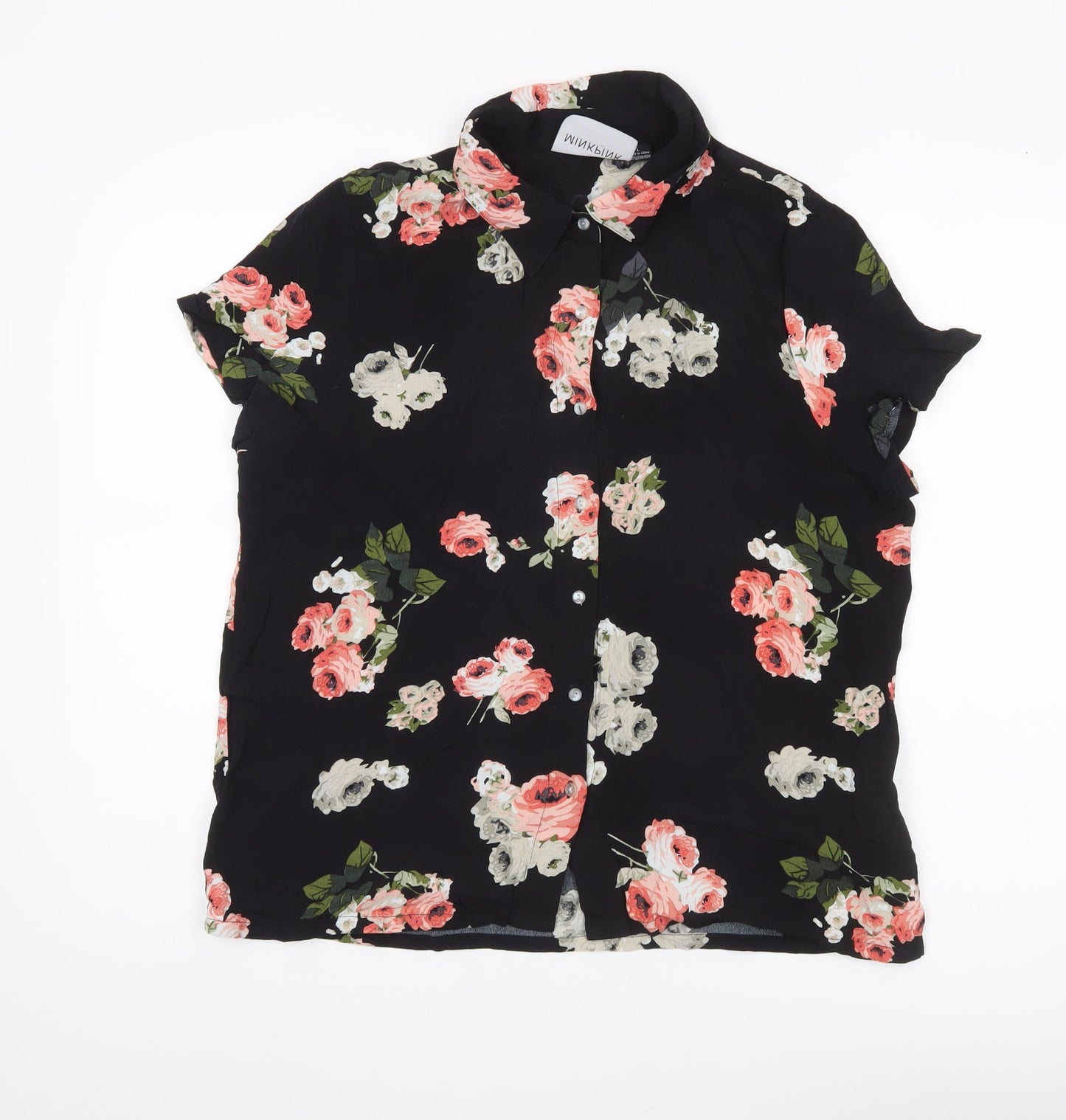 Minkpink Womens Black Floral Button-Up Shirt L Lightweight Viscose