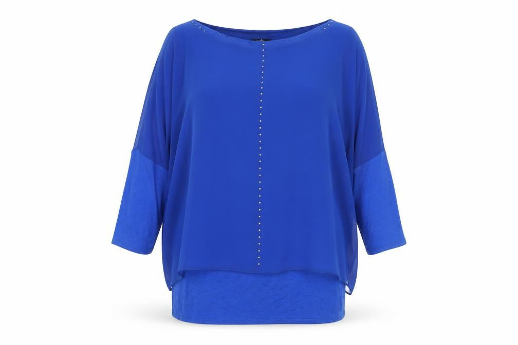 Wallis Women’s Blue Tunic Blouse M Studded 3/4 Sleeve Boat Neck