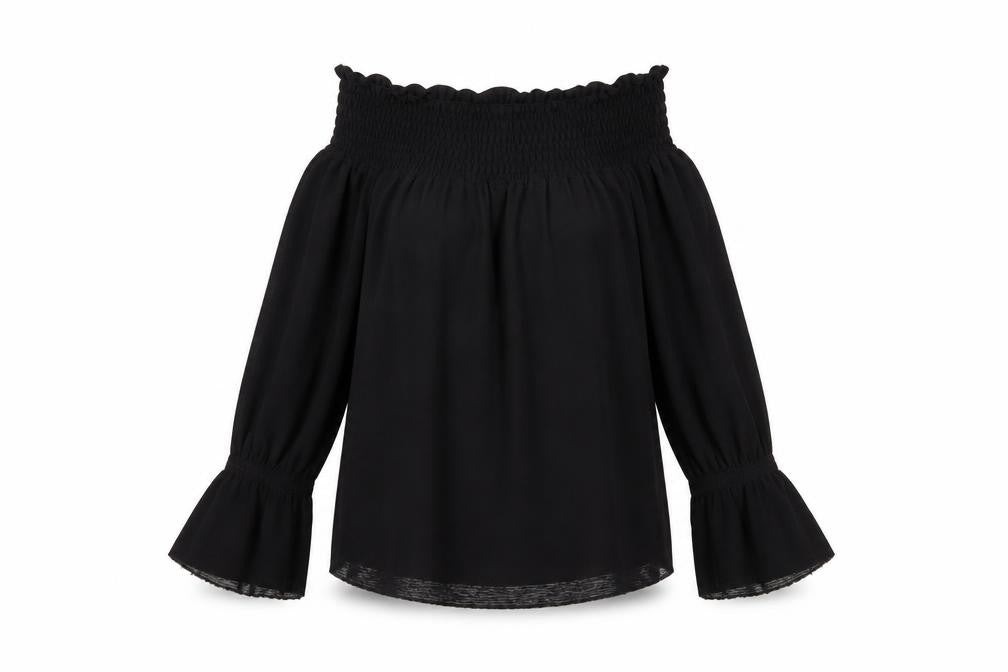 Front view of ASOS Women’s Black Off Shoulder Bell Sleeve Tunic Blouse, size UK 10