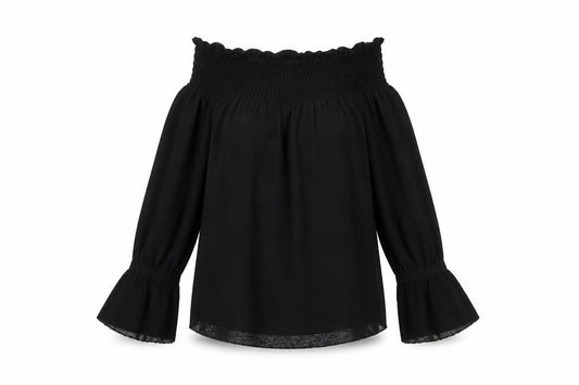 Front view of ASOS Women’s Black Off Shoulder Bell Sleeve Tunic Blouse, size UK 10