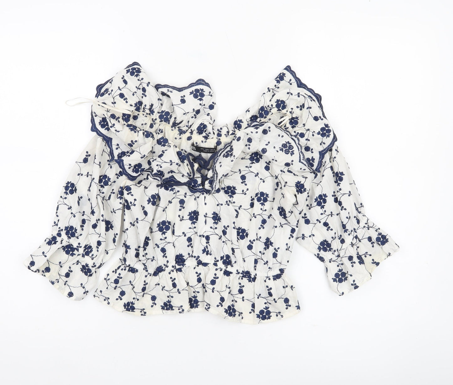 Zara Womens White Blue Floral Off Shoulder Ruffle Cotton Blouse Size S