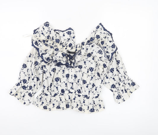 Zara Womens White Blue Floral Off Shoulder Ruffle Cotton Blouse Size S