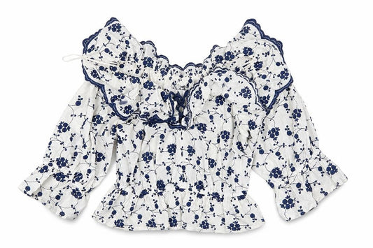 Zara Womens White Blue Floral Off Shoulder Ruffle Cotton Blouse Size S