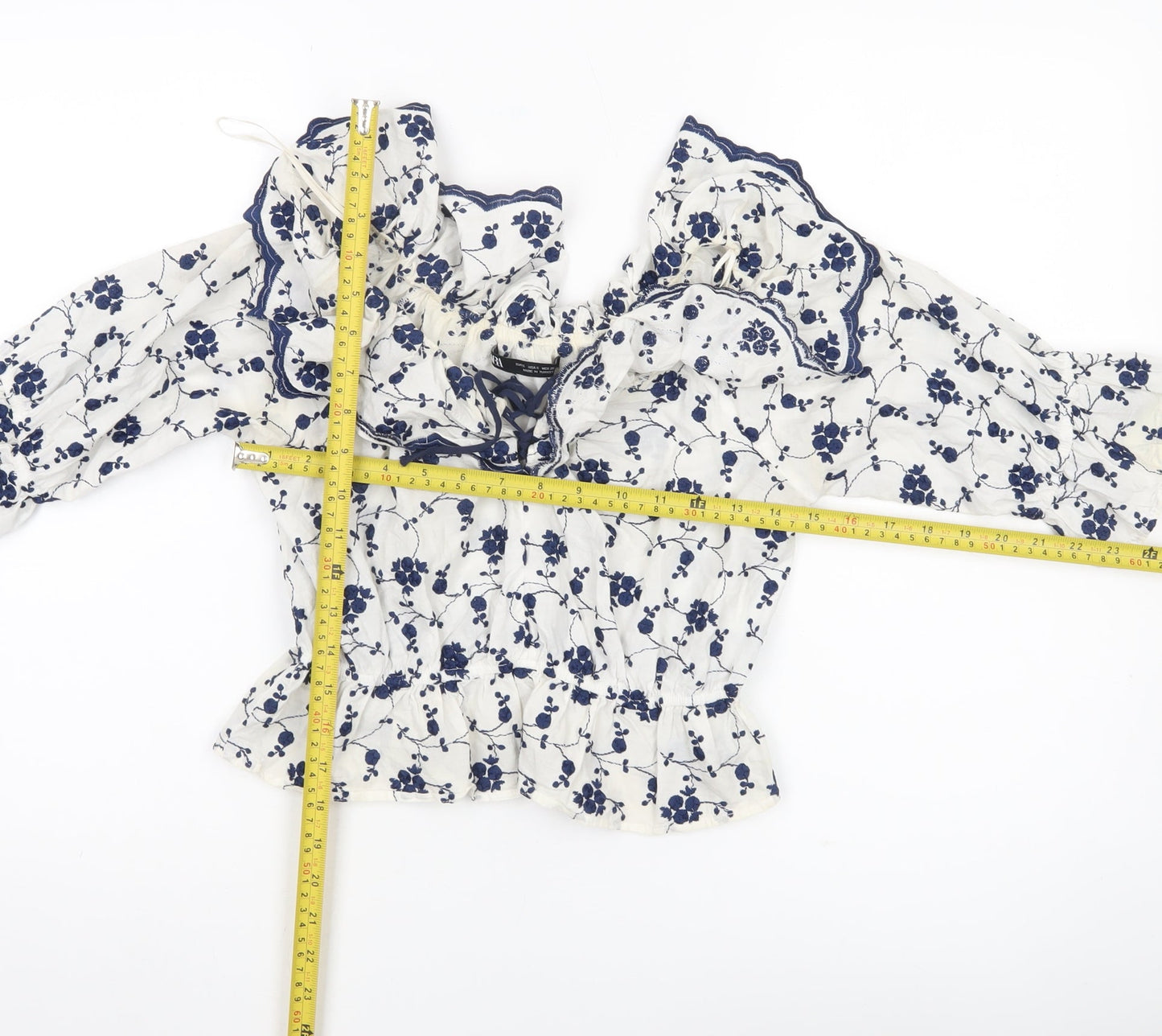 Zara Womens White Blue Floral Off Shoulder Ruffle Cotton Blouse Size S