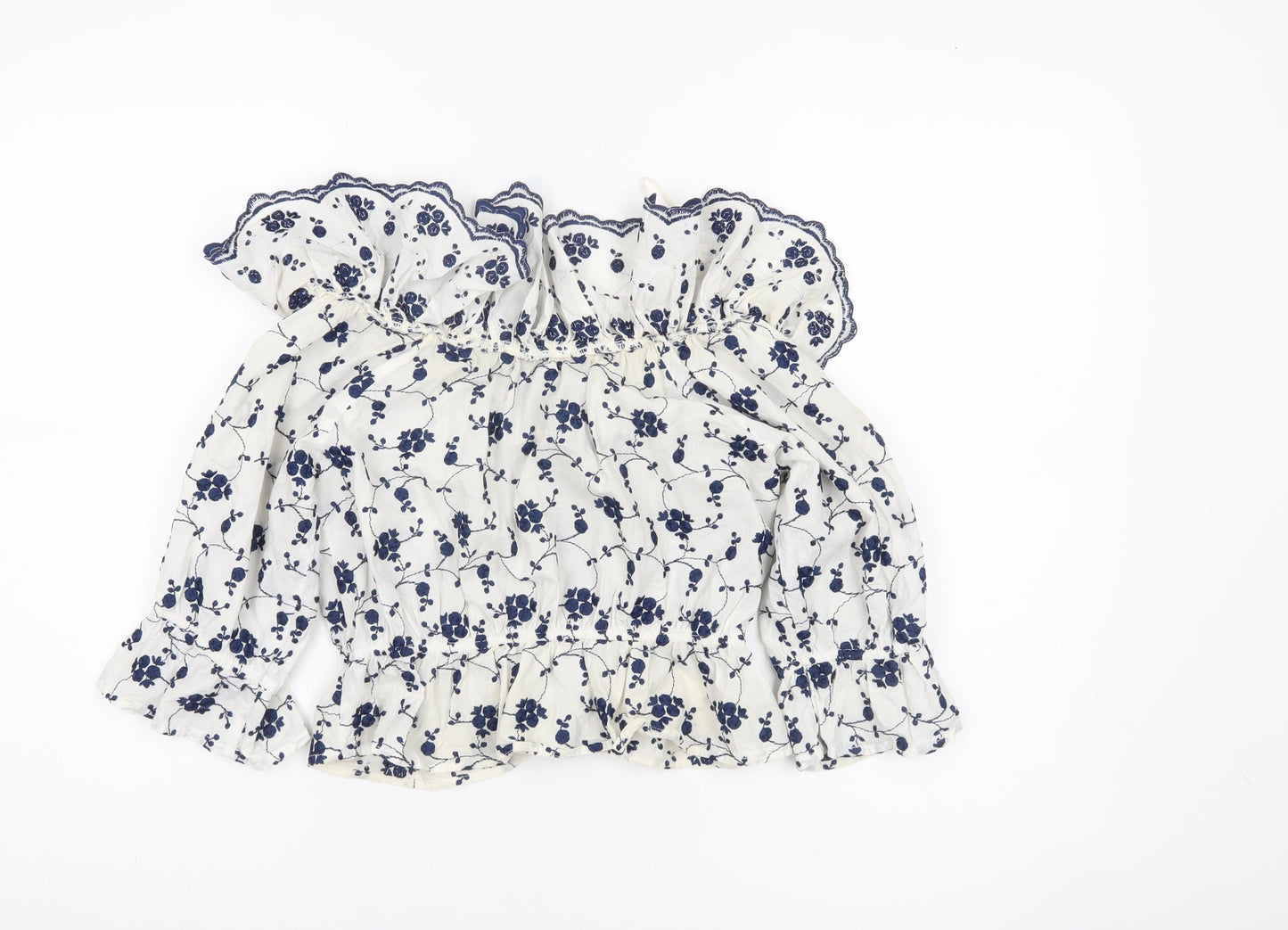Zara Womens White Blue Floral Off Shoulder Ruffle Cotton Blouse Size S