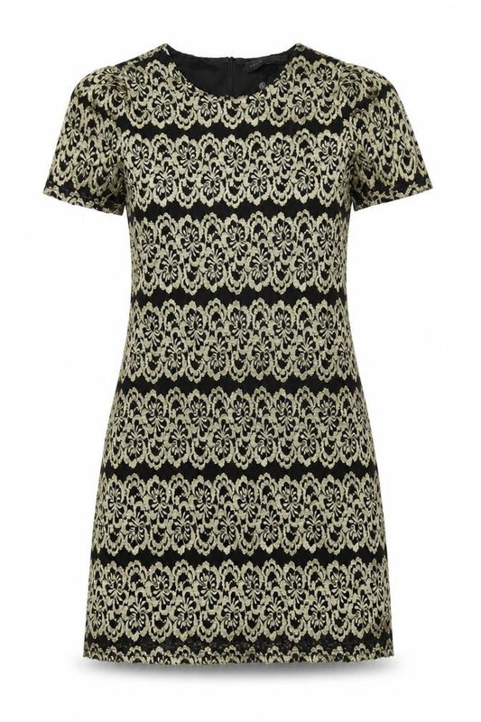 Mela London Women’s Black Gold Shift Dress Size 14 Short Sleeve Party